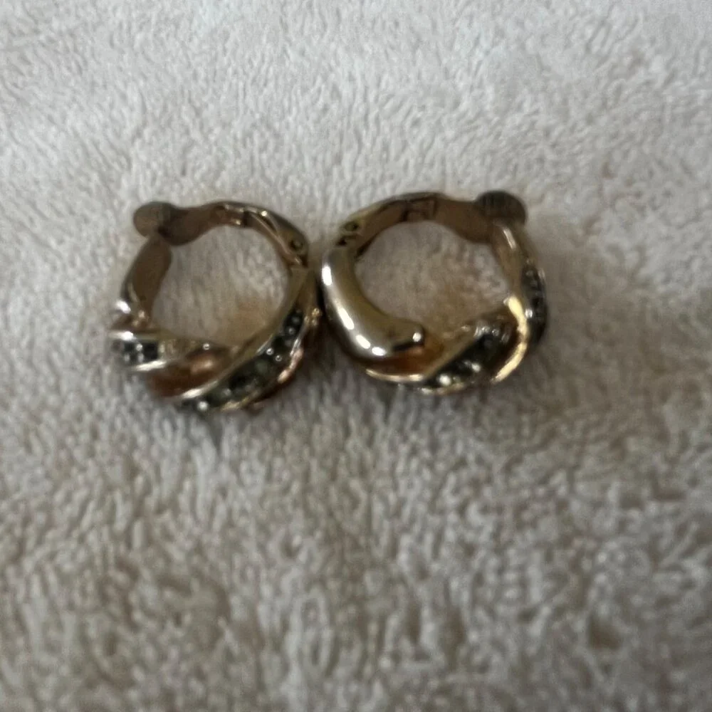 Preowned Gold-Tone Textured Hoop Earrings with‎ Rhinestone Accents